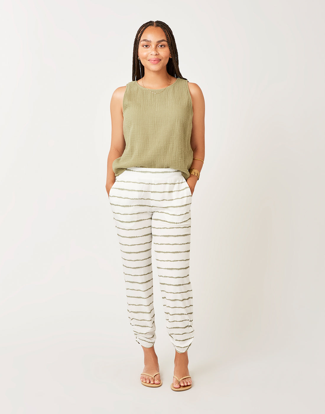 Avery Beach Pant: Olive Tie Dye Stripe