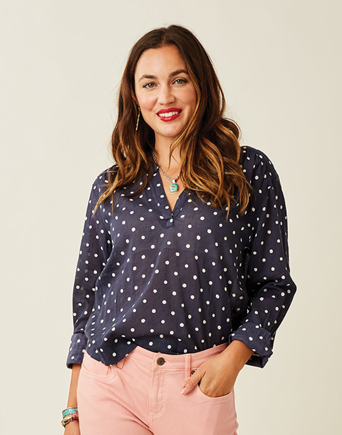 Davis Top: Navy Polka Dot