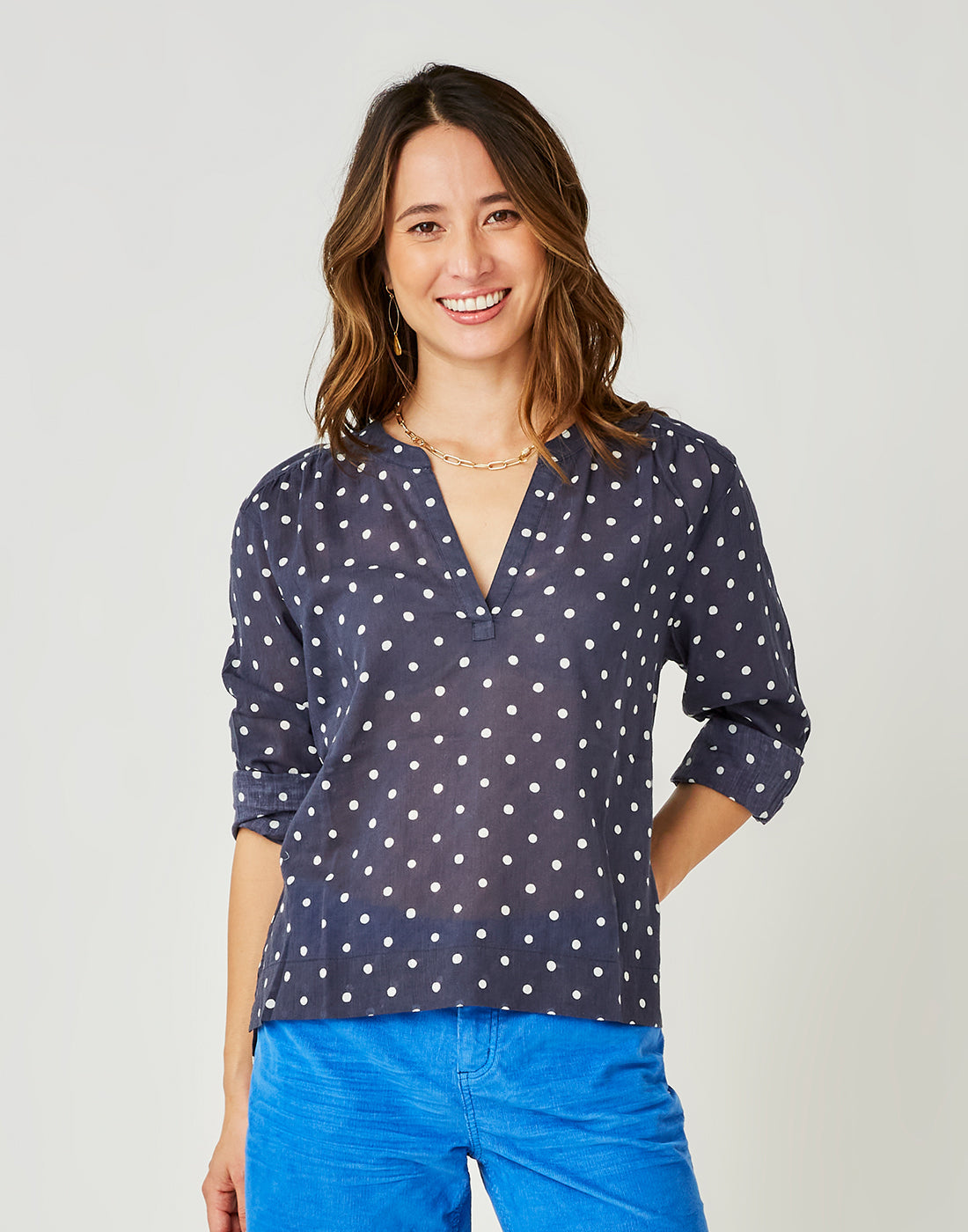 Davis Top: Navy Polka Dot