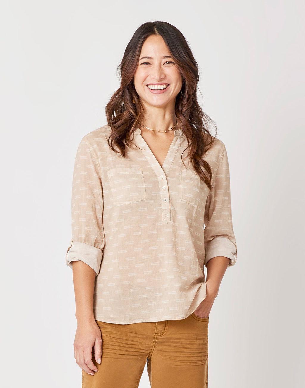 Dylan Gauze Shirt: Lt. Khaki Dashed