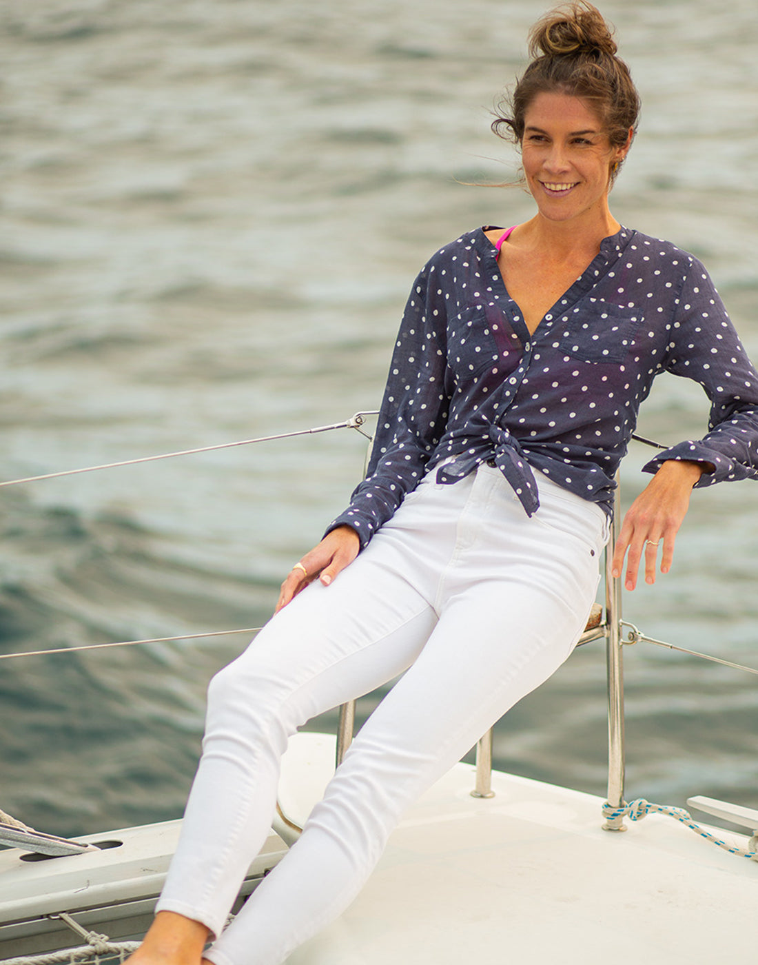 Dylan Gauze Tunic: Navy Polka Dot