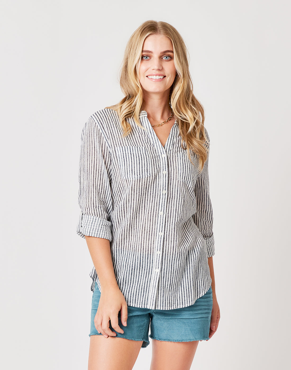 Dylan Gauze Tunic: Navy Milos Stripe