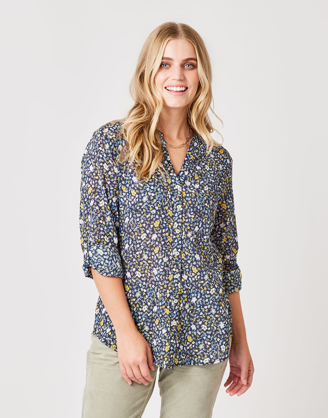 Dylan Gauze Tunic: Navy Folk Floral