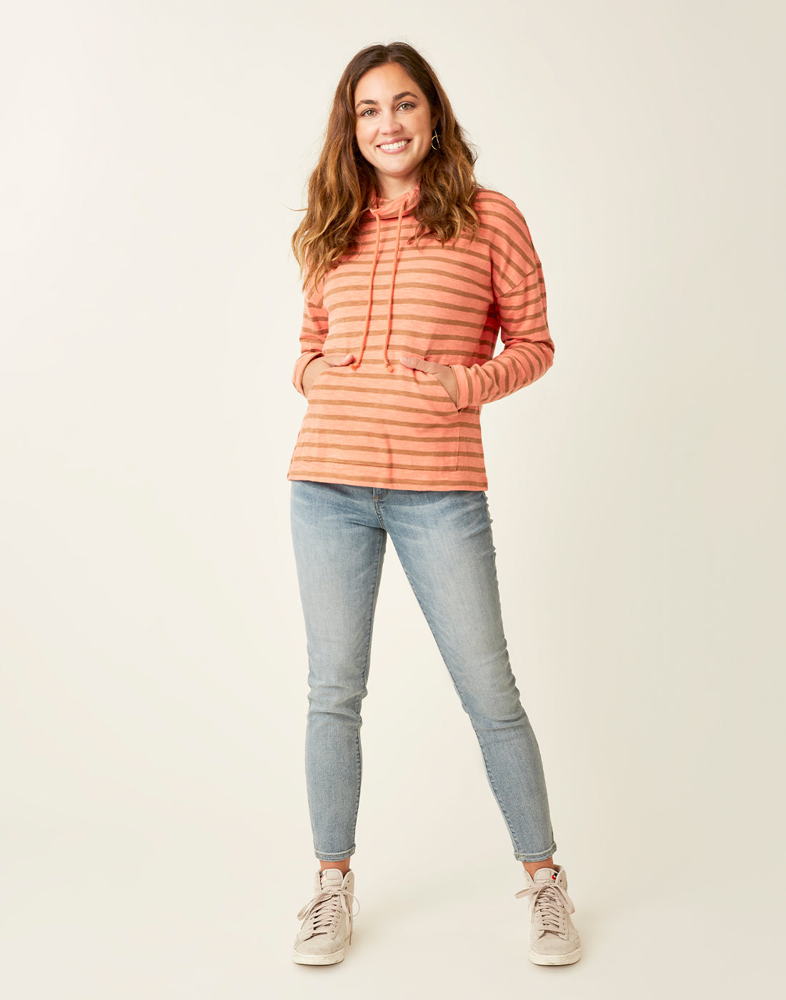 Bodie Funnel Neck: Coral Saddle Mali Stripe - FINAL SALE