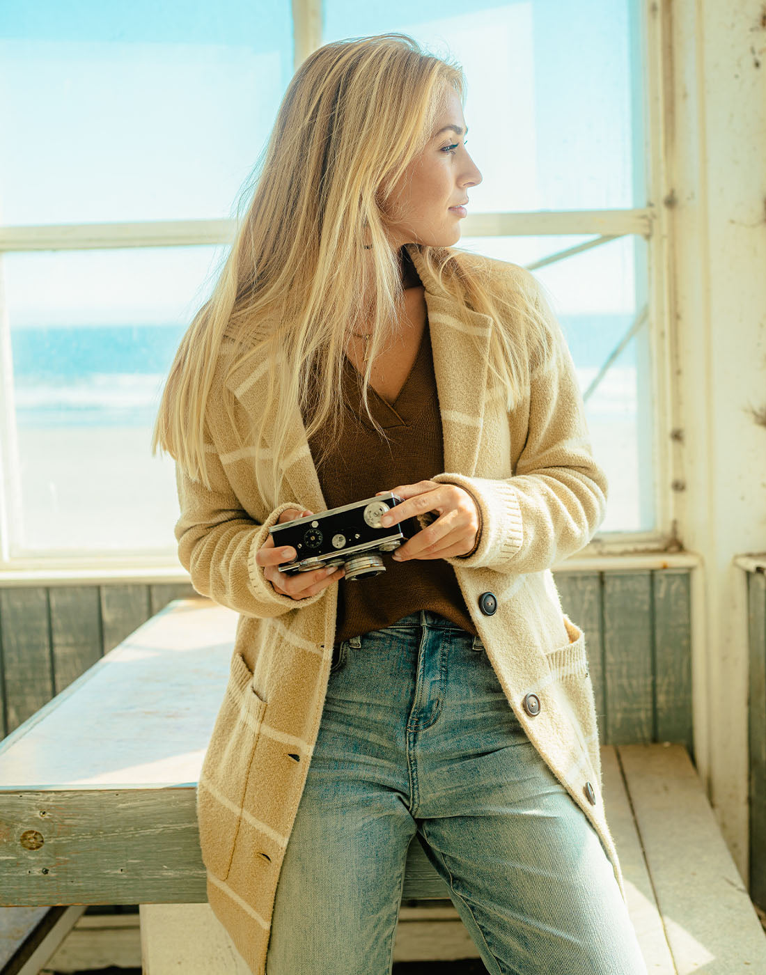 Gwen Sweater Coat: Khaki Stripe
