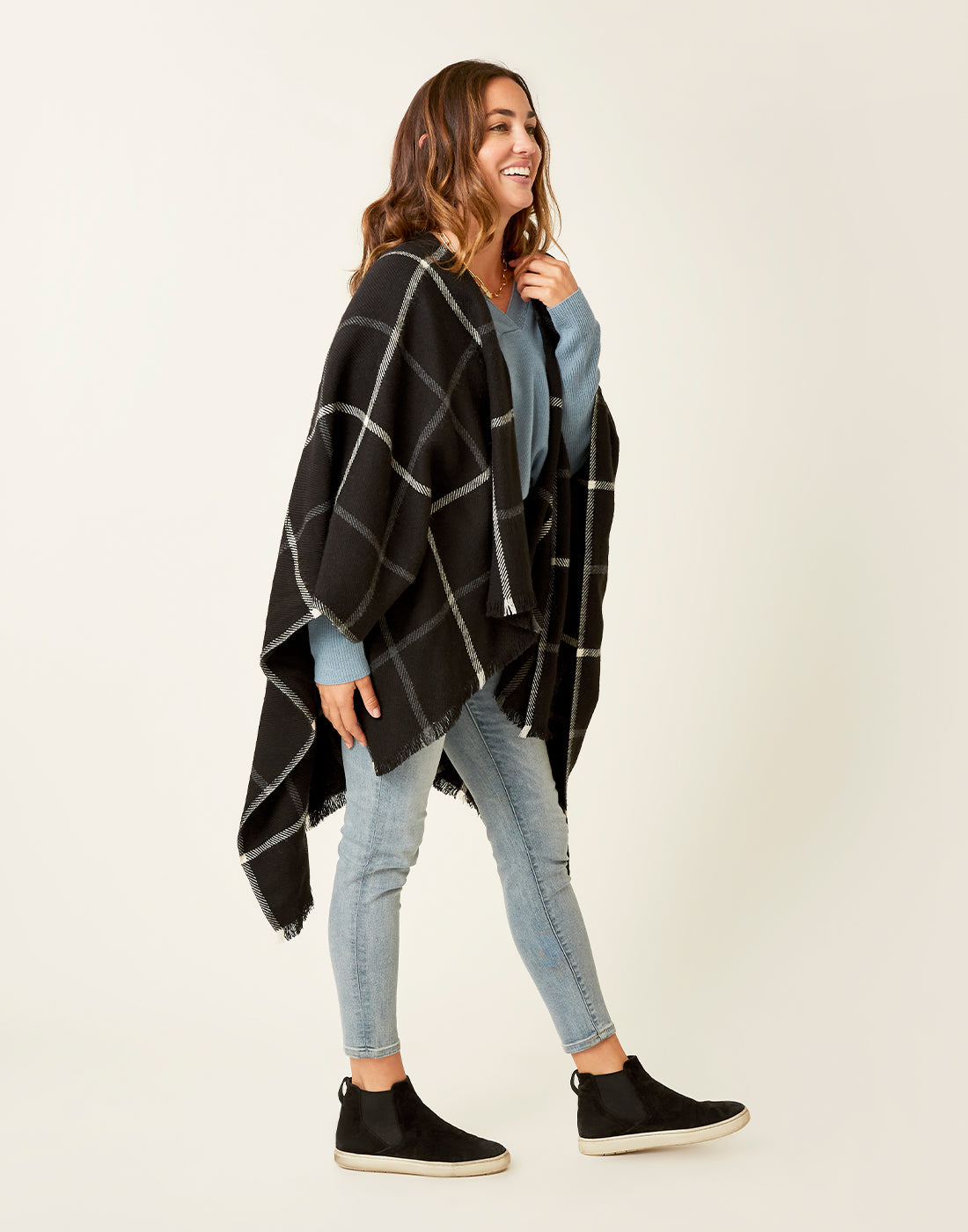 Scarlette Poncho: Black Windowpane - FINAL SALE