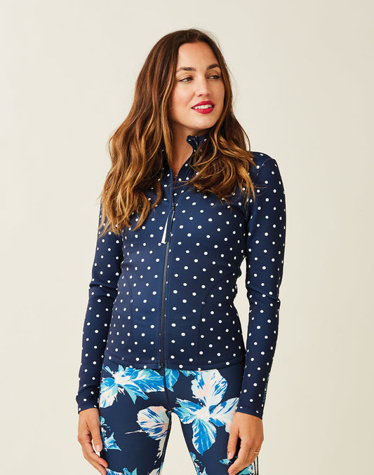 Stella Zip-Up Jacket: Navy Polka Dot