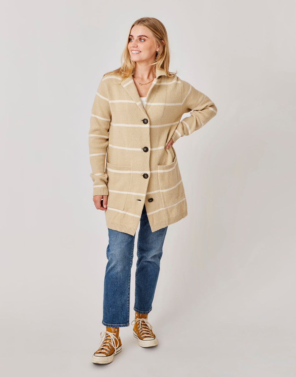 Gwen Sweater Coat: Khaki Stripe