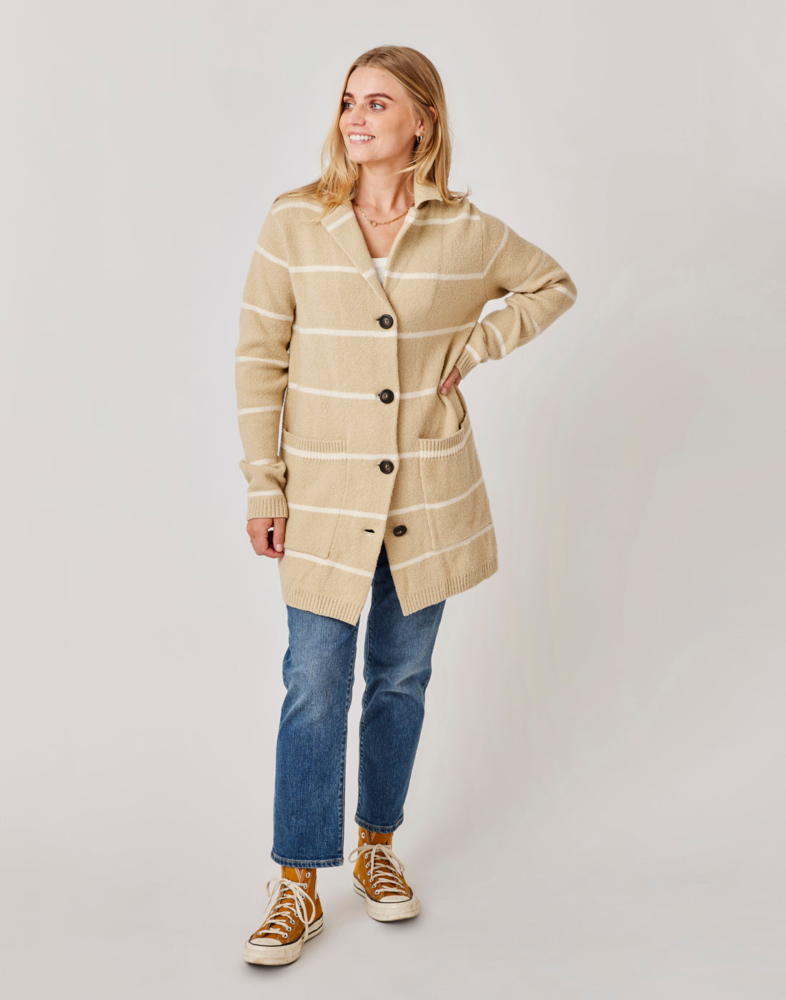 Gwen Sweater Coat: Khaki Stripe