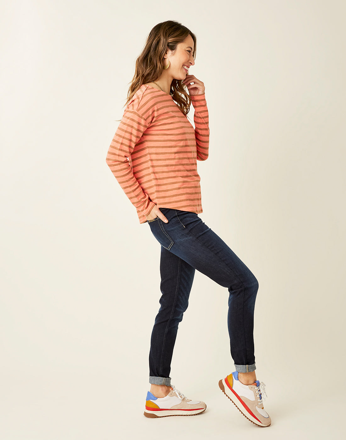 Alexis Top: Coral Saddle Mali Stripe - FINAL SALE