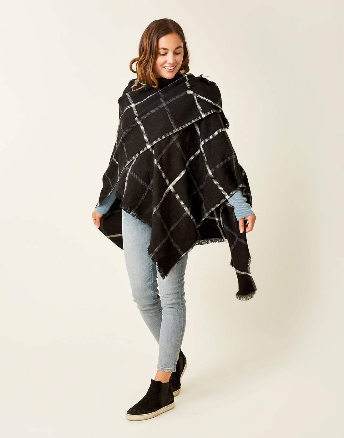 Scarlette Poncho: Black Windowpane - FINAL SALE