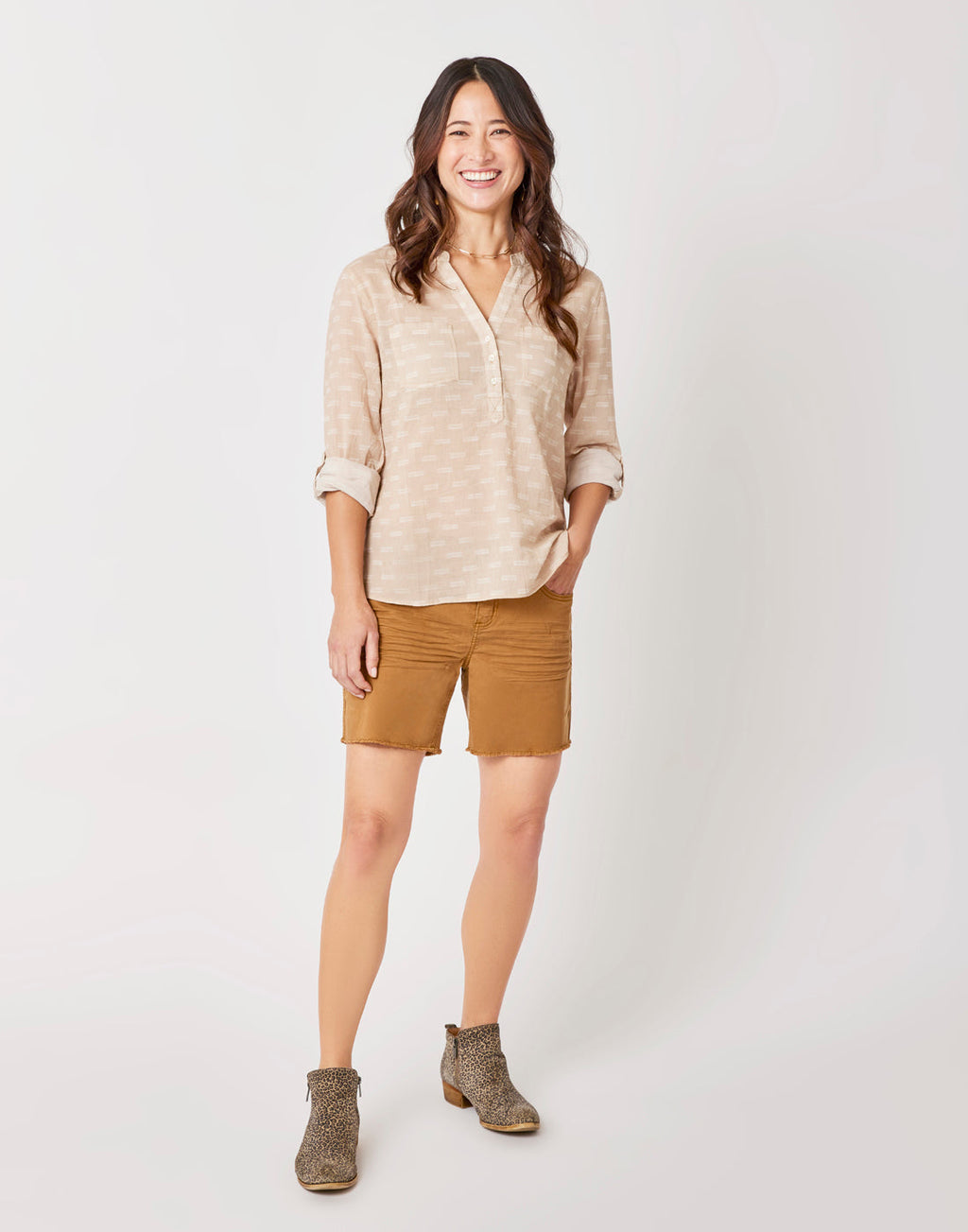 Dylan Gauze Shirt: Lt. Khaki Dashed