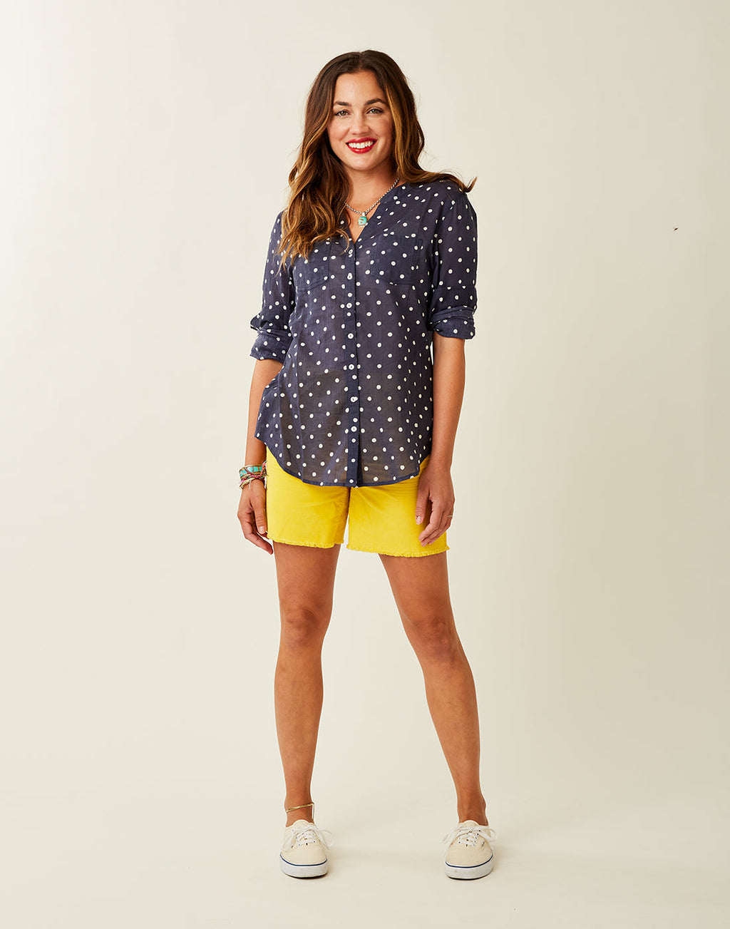 Dylan Gauze Tunic: Navy Polka Dot