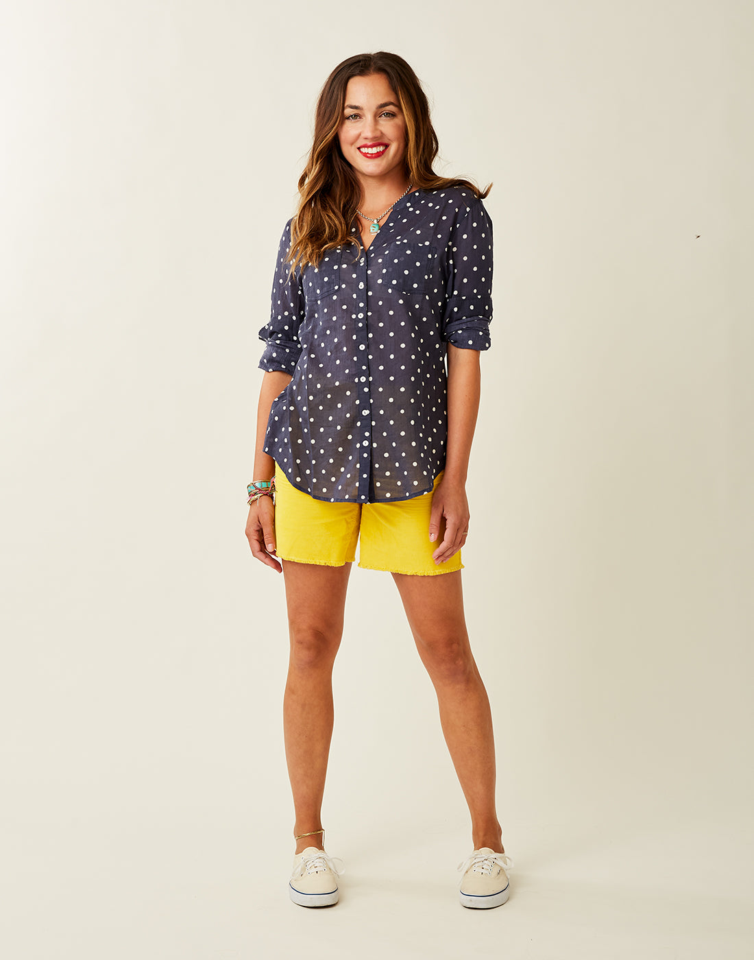 Dylan Gauze Tunic: Navy Polka Dot